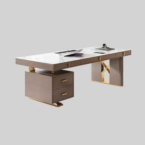 Beige Rectangular Sintered Stone Desk,5-Solid Wood drawer | Wayfair North America
