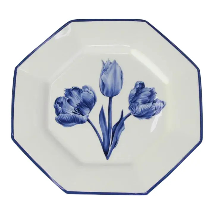 Carolyne Roehm x Enchanted Home Tulip 8" Octagonal Salad Plates in White/Blue, Set of 4 | Chairish