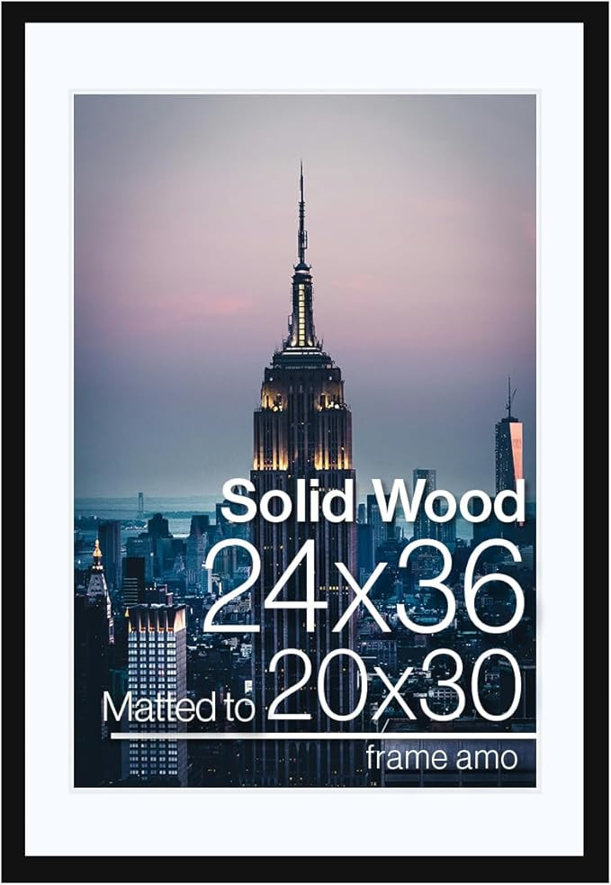 Frame Amo 24x36 Black Solid Wood Picture Frame with 19.5x29.5 White Mat Opening for 20x30 Image, ... | Amazon (US)