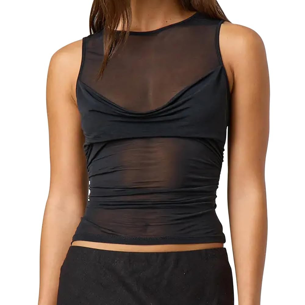 Women Sheer Mesh Tank Top Y2k Sleeveless See Through Ruched Tops | Amazon (US)