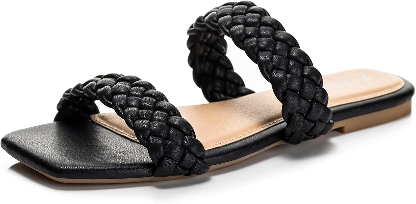 FITORY Womens Flat Sandals Fashion Round Open Toe Slip On Slides with Braided Strap Slippers for ... | Amazon (US)