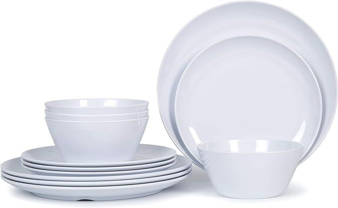 Melamine Dinnerware Set - 12pcs Plates and Bowls Set for 4, Indoor and Outdoor Use, Dishwasher Sa... | Amazon (US)