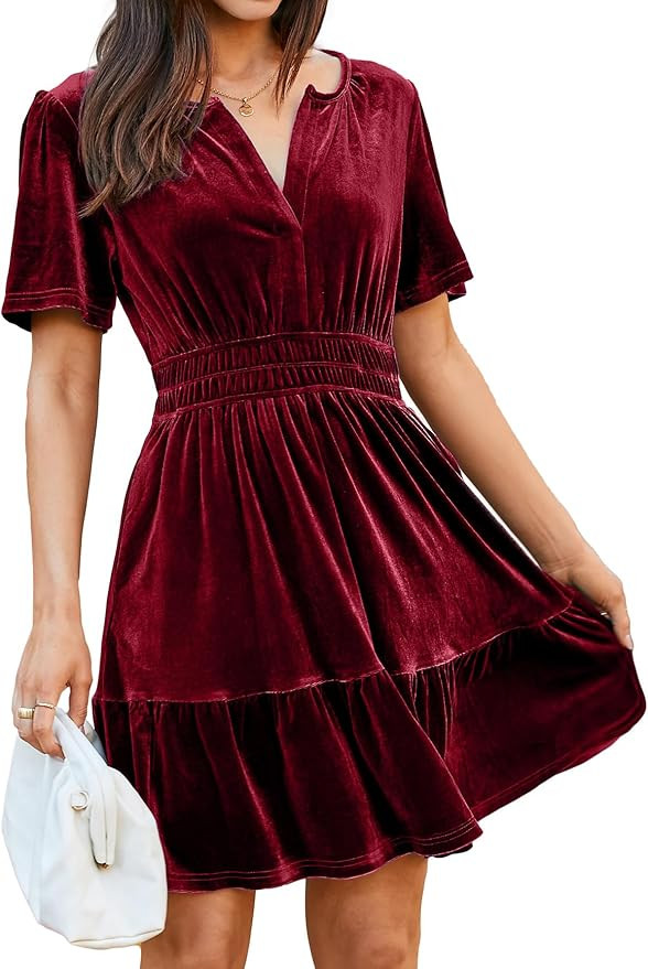Simplee Women's 2025 Velvet Short Sleeve Cocktail Dress Fall Winter Casual V Neck Empire Waist Mi... | Amazon (US)