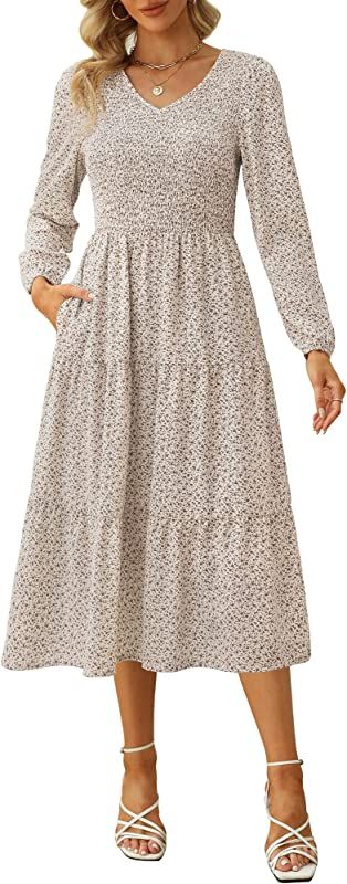 Kranda Women's Fall V Neck Puff Long Sleeve Pocket Smocked Floral Midi Dress Ruffle Tiered Dress ... | Amazon (US)