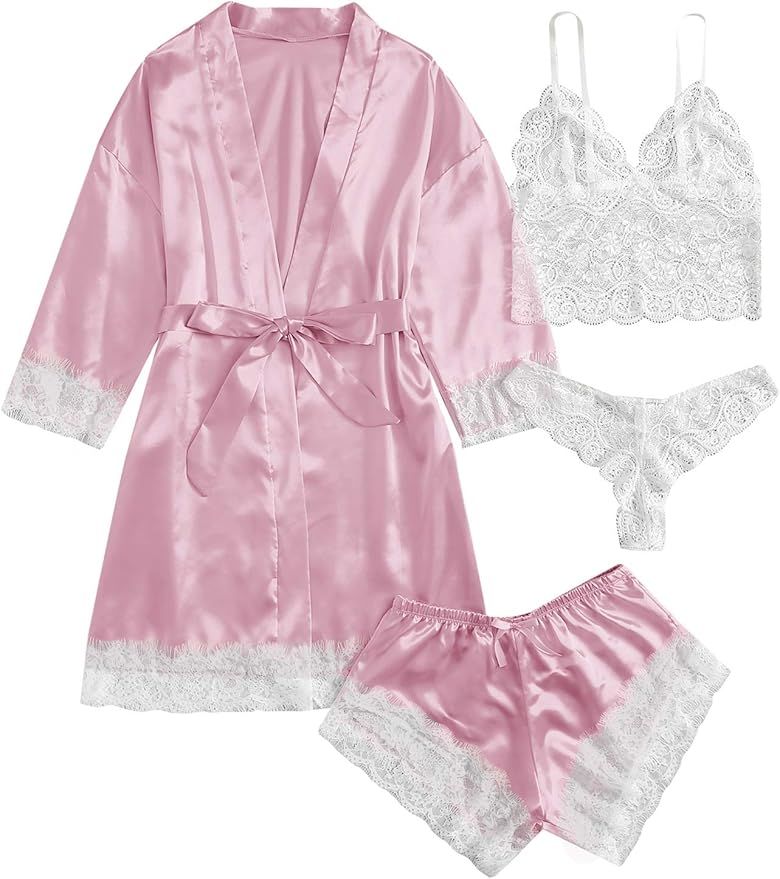 SOLY HUX Women's Satin Pajama Set 4pcs Floral Lace Trim Cami Lingerie Sleepwear with Robe | Amazon (US)