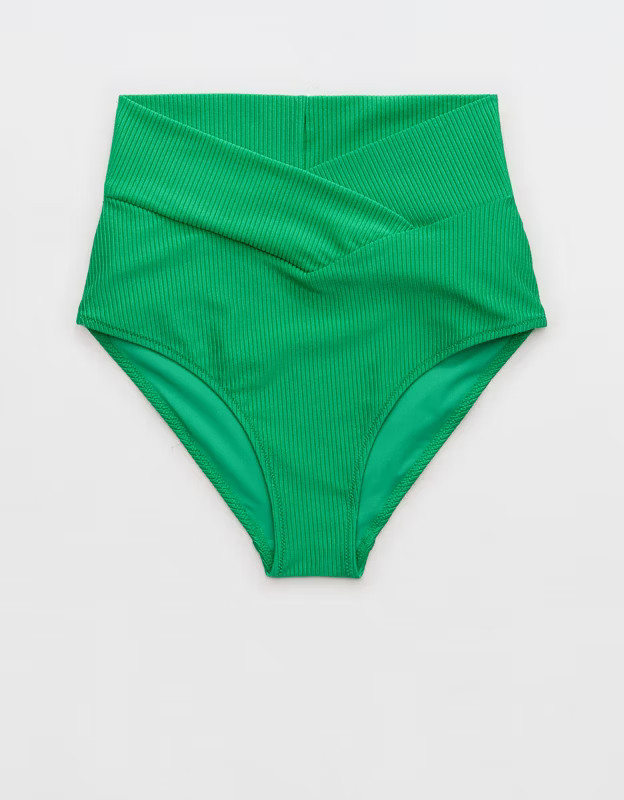 Aerie Shine Rib Crossover High Waisted Bikini Bottom | Aerie