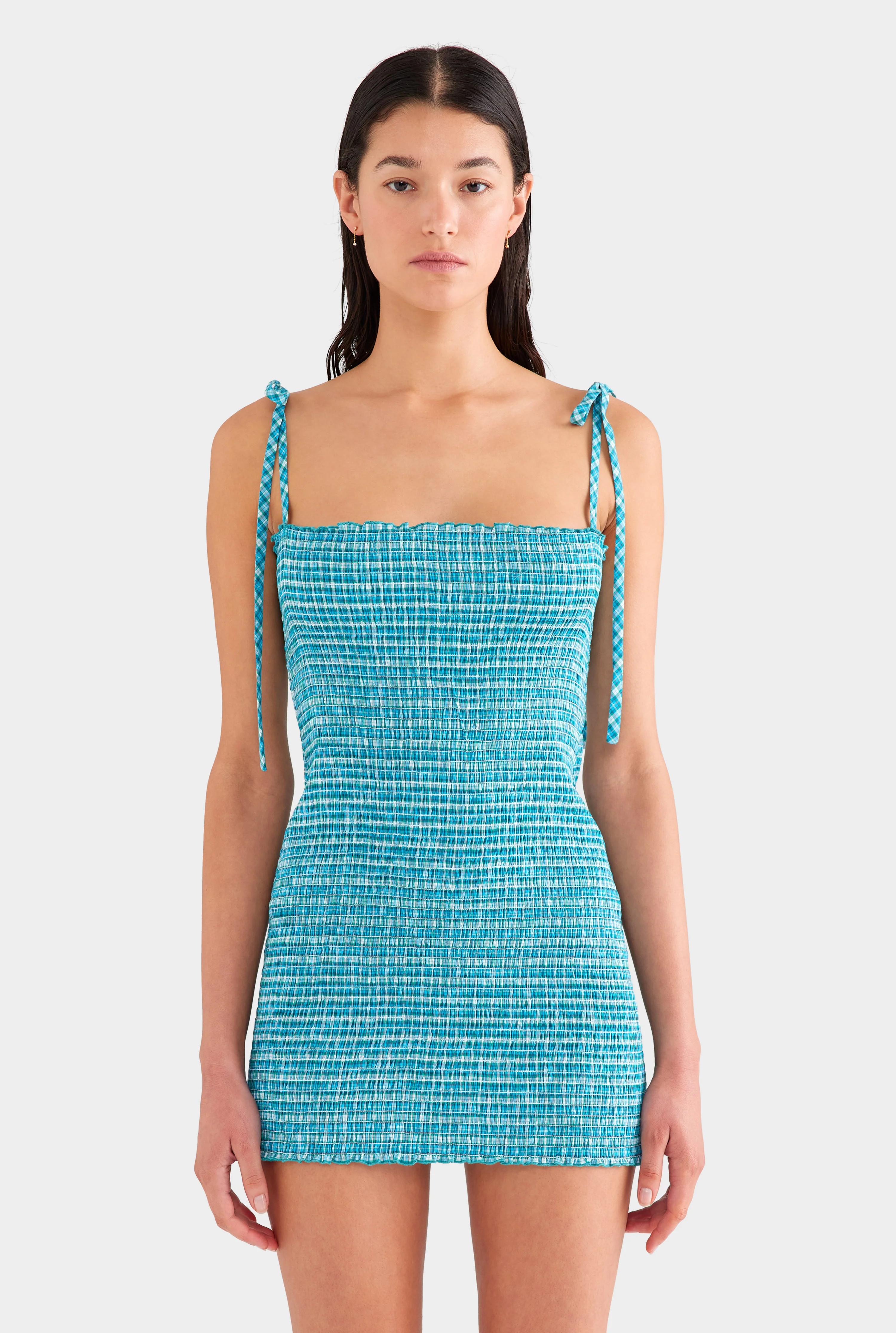 Womens Shirred Cotton Mini Dress in Teal Check | Venroy | Venroy AU