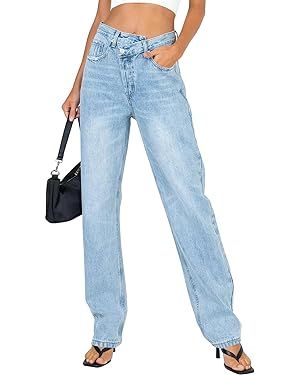 PLNOTME Women's Low Waisted Jeans Trendy Straight Leg Boyfriend Crossover Casual Denim Pants | Amazon (US)