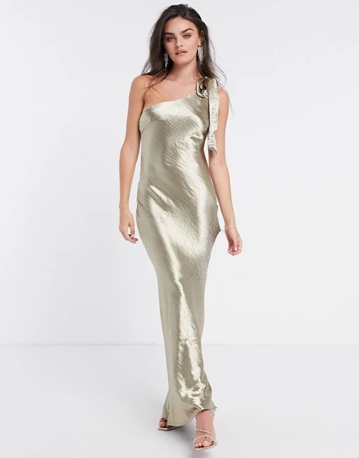 Pretty Lavish satin one shoulder bow tie maxi dress in liquid gold | ASOS (Global)