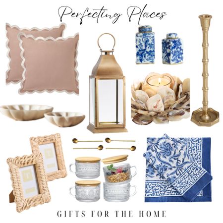 Gifts for the home for those who love to decorate. Gift guide with home, decor, throw pillow covers, lanterns, blue and white ginger, jar, set, marble ball, Anthropologie, rattan, frames, vintage, coffee, mugs, blue and white cloth, napkins, oyster shell, votive holder.

#LTKHoliday #LTKhome #LTKGiftGuide