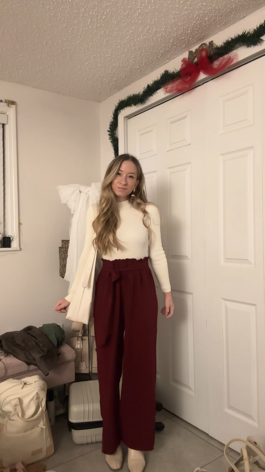 christmas holiday outfit for christmas eve service♥️ burgundy pants under $20 and linked similar tops & boots! 

#LTKootd #LTKHoliday #LTKSeasonal