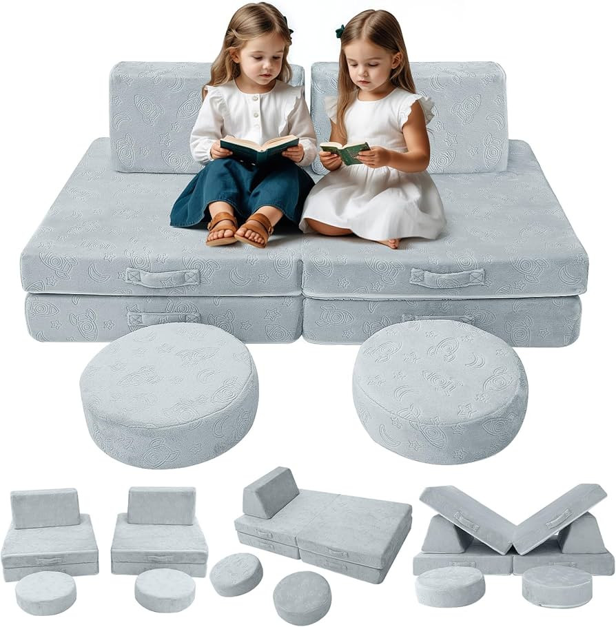 MeMoreCool Modular Kids Play Couch Sofa – Gray 8-Piece Fold-Out Convertible Toddler Couch with ... | Amazon (US)