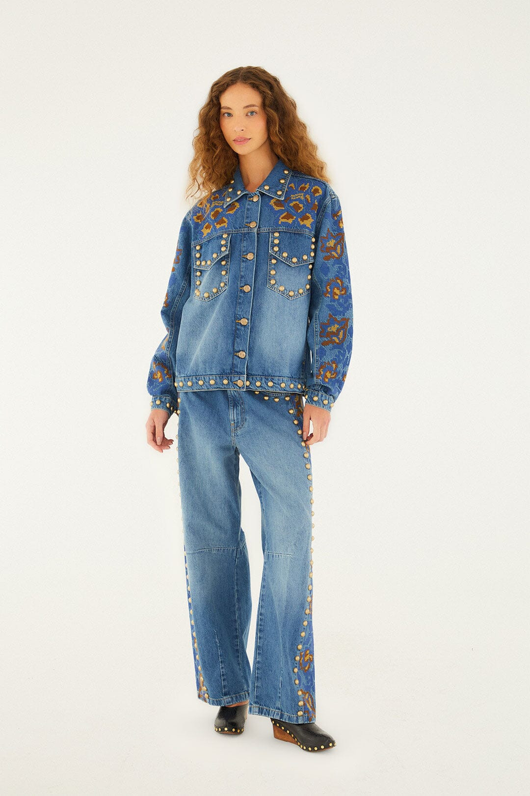 Denim Metal Details Embroidered High Waist Pants | FARM Rio | FarmRio (US)