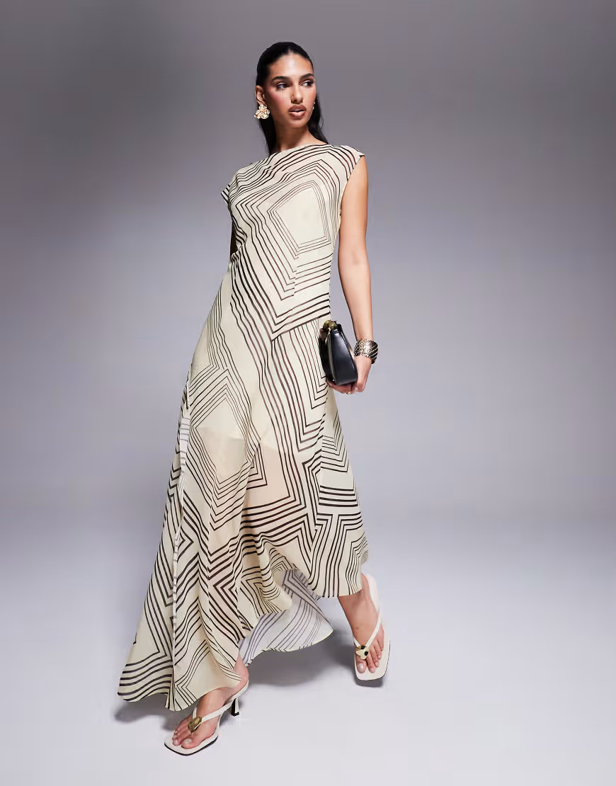 ASOS DESIGN slash neck waisted maxi dress in abstract stripe-Multi | ASOS (Global)
