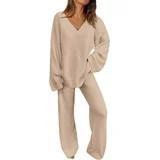 PRETTYGARDEN Women's 2 Piece Pullover Sweater Set Oversized V Neck Top Wide Leg Pants Fall Winter... | Walmart (US)