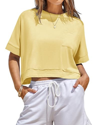 Fisoew Womens Oversized Crop Tops Workout Short Sleeve T Shirts Summer Casual Loose Fit Basic Tee... | Amazon (US)