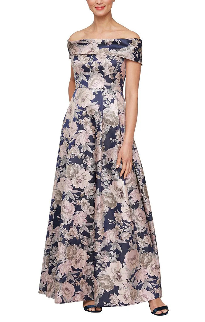 Long Off-the-Shoulder Printed Jacquard Ballgown with Pockets | Alex Evenings