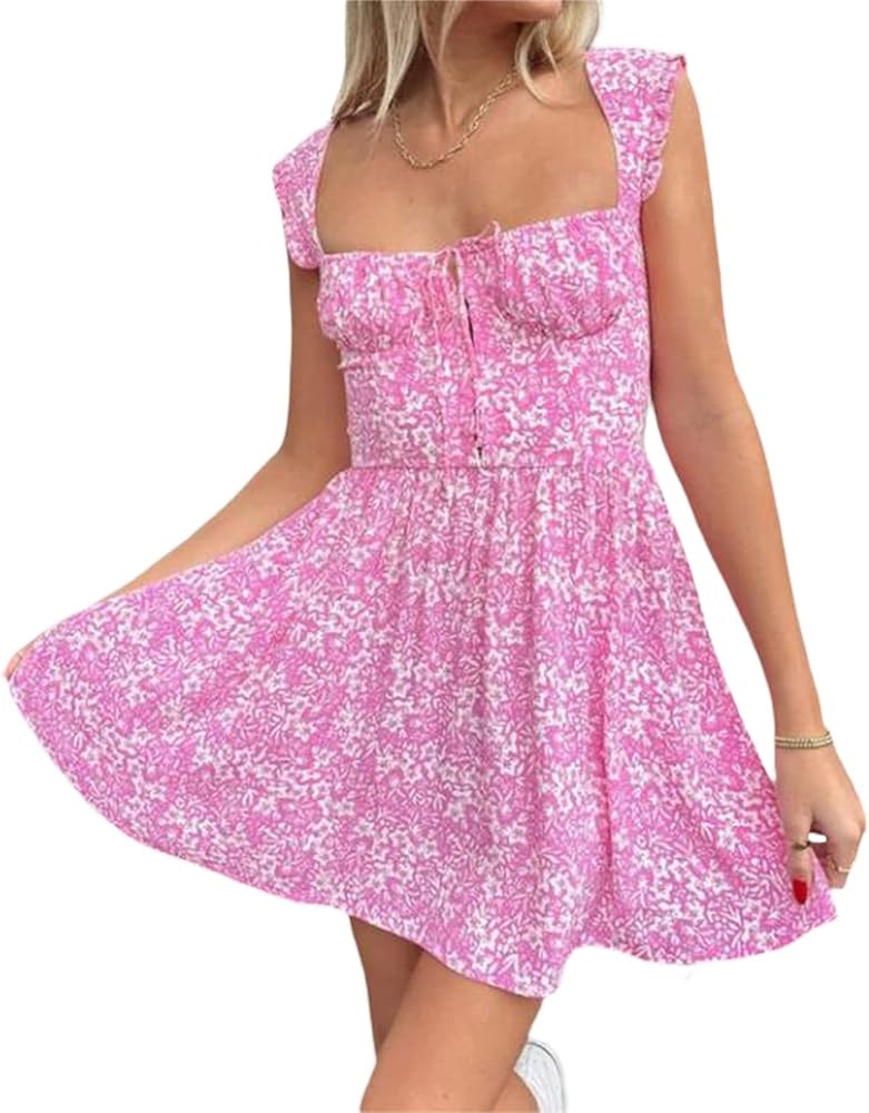 Women Square Neck Mini Bodycon Dress Flower Print Low Cut Tie-Up Sleeveless Cami Dress Summer Bac... | Amazon (US)