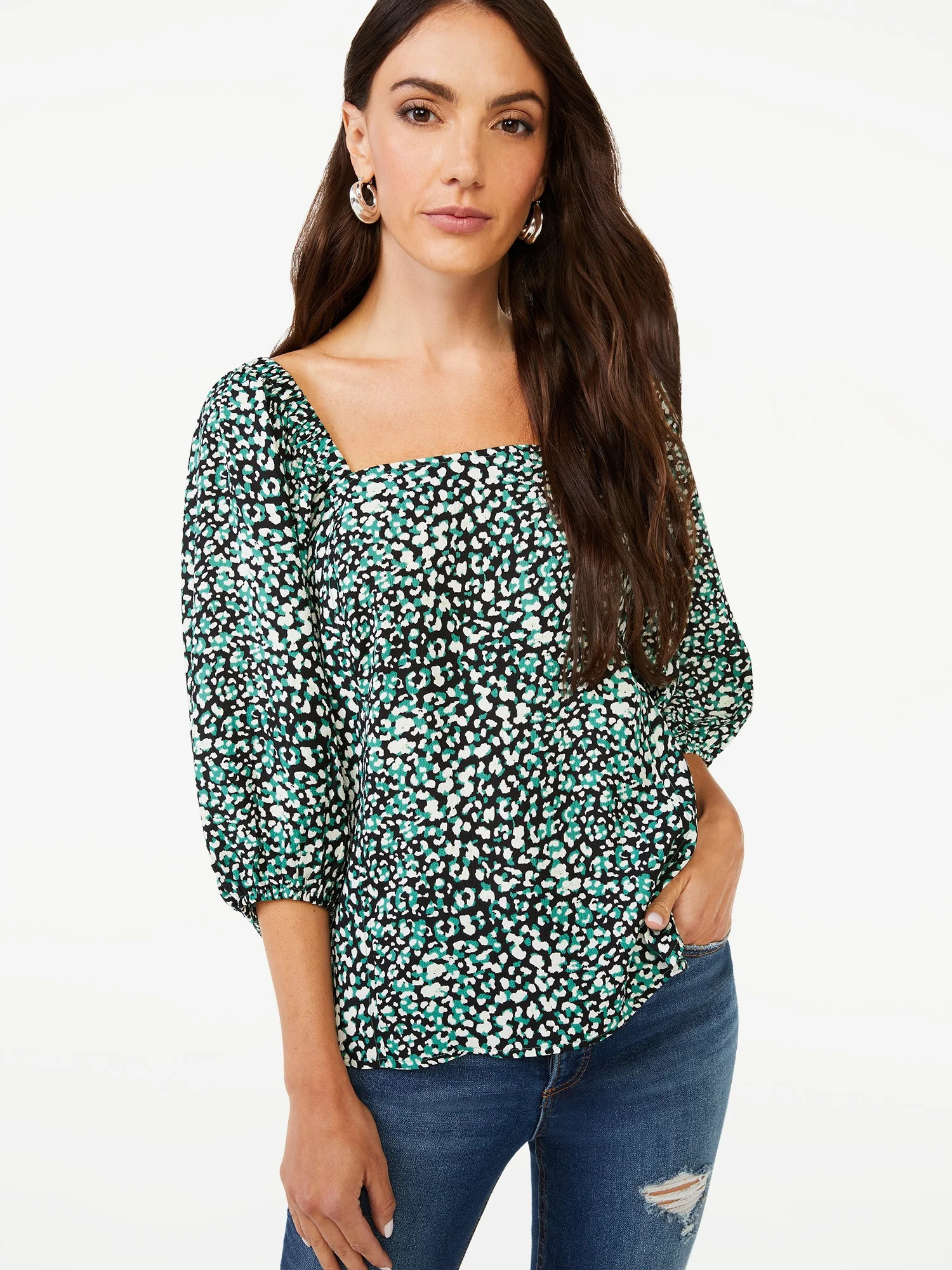 Scoop Women's Square Neck Top with Balloon Sleeves - Walmart.com | Walmart (US)