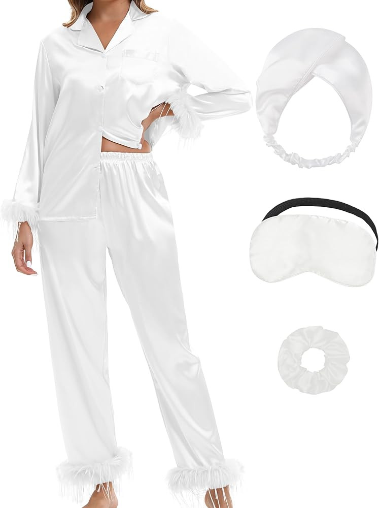 MORFORU Satin Pajama Set for Women Feather Trim Long Sleeve Pjs with Sleep Mask Headband Scrunchi... | Amazon (US)