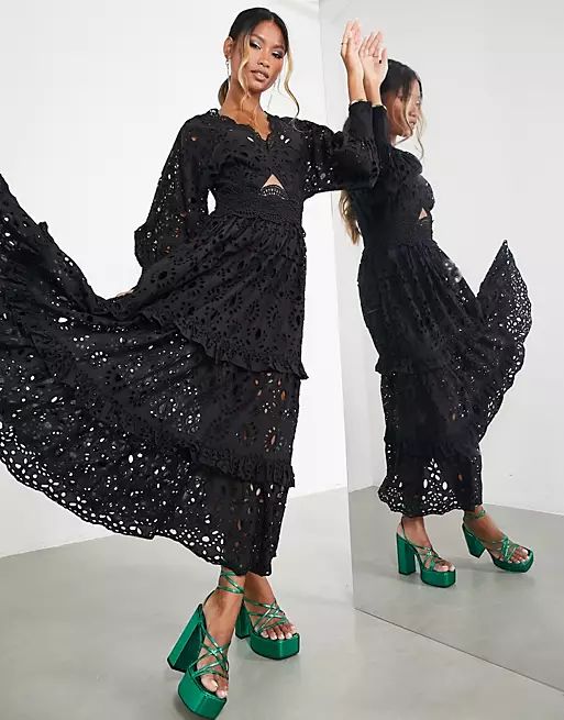 ASOS EDITION v neck broderie midi dress with puff sleeve in black | ASOS (Global)