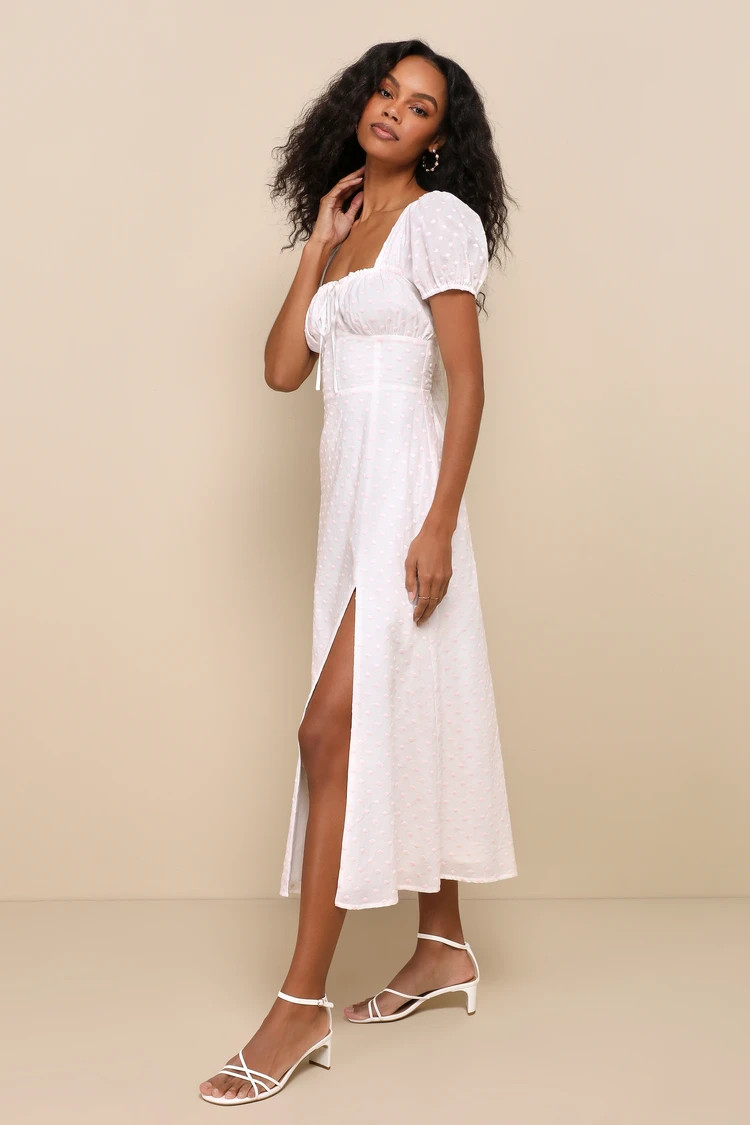 Beloved Darling White & Pink Polka Dot Embroidered Midi Dress | Lulus