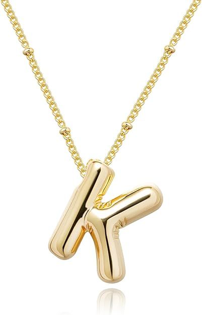 Gold Bubble Letter Necklace for Women, 14k Gold Plated Balloon Initial Letter Pendant Necklace Da... | Amazon (US)