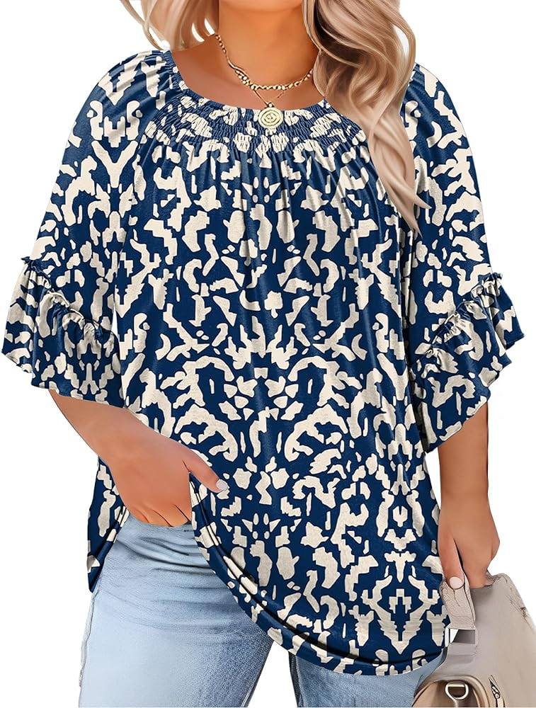 Micoson Womens Plus Size Tops 3/4 Ruffle Sleeve Shirts Crewneck Pleated Blouses Dressy Casual Fas... | Amazon (US)