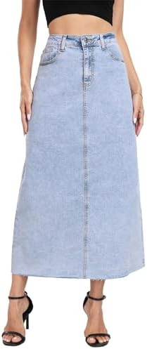 MISS MOLY Women's Jean Skirt Stretch High Waisted Frayed Raw Hem A Line Denim Midi Skirt with Poc... | Amazon (US)