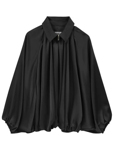 Womens Satin Puffed Bomber Jacket Oversized Batwing Sleeve Pleated Jackets | Amazon (US)