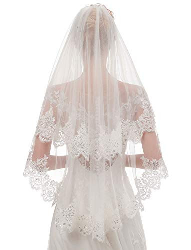 EllieHouse Women's Short 2 Tier Sequin Lace Ivory Wedding Bridal Veil With Comb L64IV | Amazon (US)