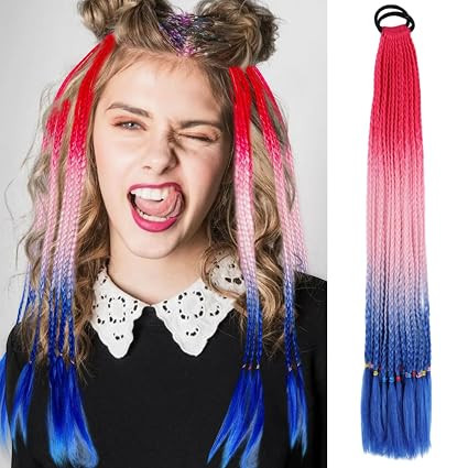Colored Ponytail Braids Hair Extensions with Rubber Bands Red White Blue Ombre Pony Tail Syntheti... | Amazon (US)
