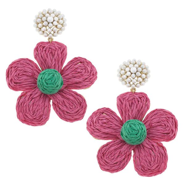Claire Raffia Flower Pearl Drop Earrings in Pink | CANVAS
