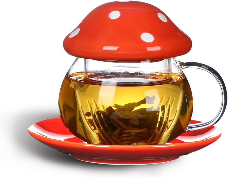 Aboyer Mushroom Cup Cute Glass Tea Cup with Infuser and Lid Kawaii Mushroom Mug Set Coffee Teapot... | Amazon (US)