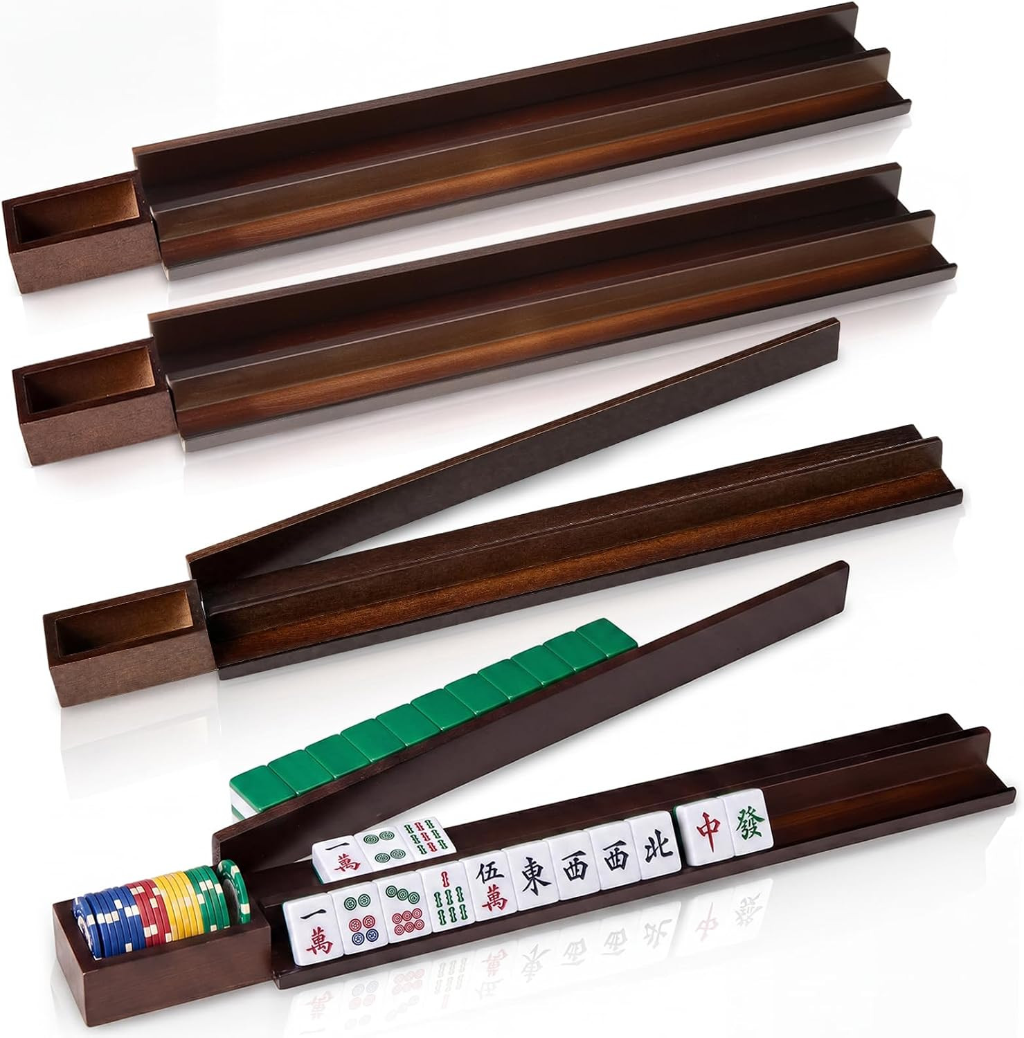 4 Pcs Walnut Wood Mahjong Rack Set with Magnetic Chip Holder | Amazon (US)