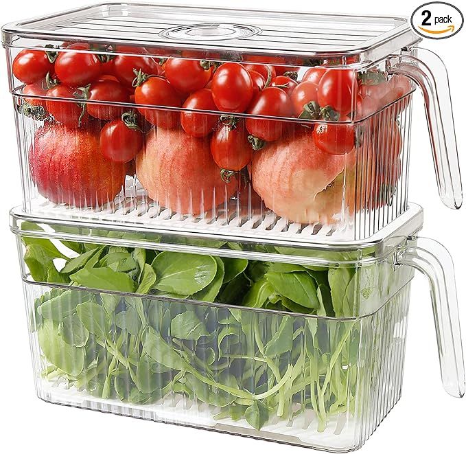 Loobuu 2 Pack Plastic Food Storage Produce Containers for Fridge, Stackable Lettuce Keeper for Re... | Amazon (US)