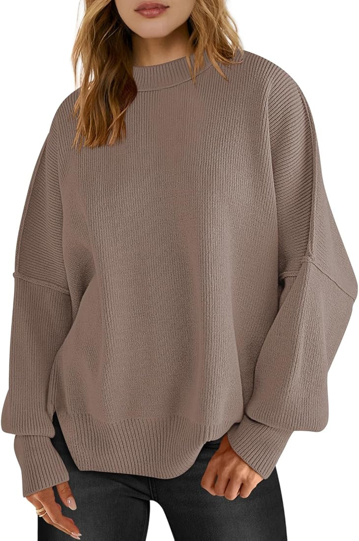 LOGENE Women's Oversized Batwing Long Sleeve Crewneck Side Slit Ribbed Knit Pullover Sweater Tops | Amazon (US)