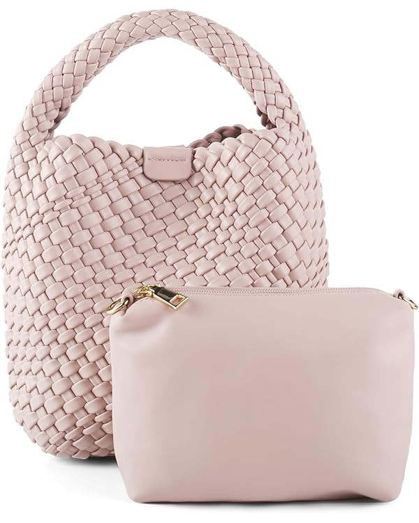 Woven Tote Bag for Women Vegan Leather Medium Size Summer Beach Travel Handbag and Purse Retro Ha... | Amazon (US)