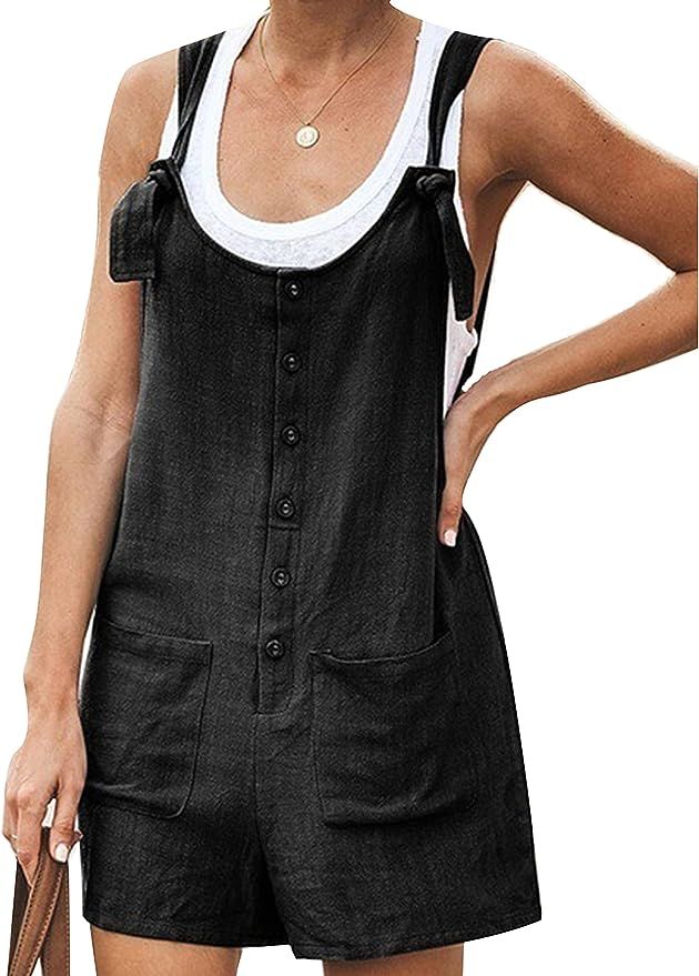 Hooever Women's Fashion Black Overalls Linen Cotton Rompers Shorts Shortalls | Amazon (US)