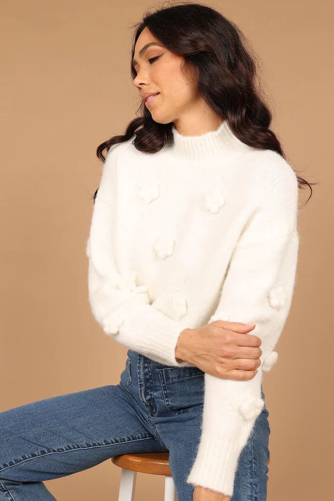 Raquel Mock Neck Flower Detail Knit Sweater - White | Petal & Pup (US)