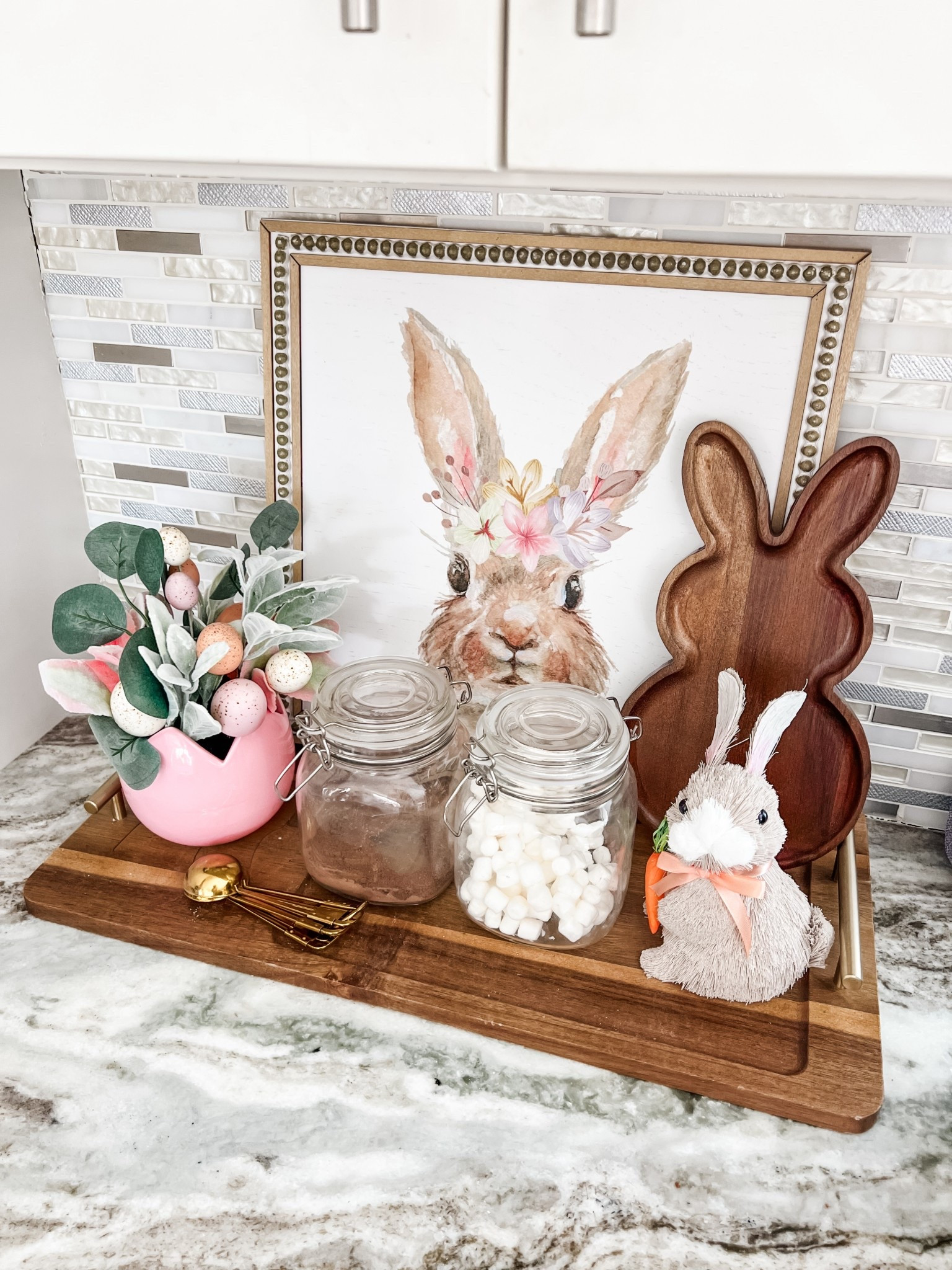 Hot cocoa bar got a spring makeover! Linking exact tray (it’s a charcuterie board), glass storage containers and gold silverware and measuring spoons. #walmarthome Easter decorations 

#LTKHome