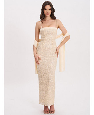 Women's Raizel Gold Beaded Sequin Bodycon Gown with Scarf | Macy's