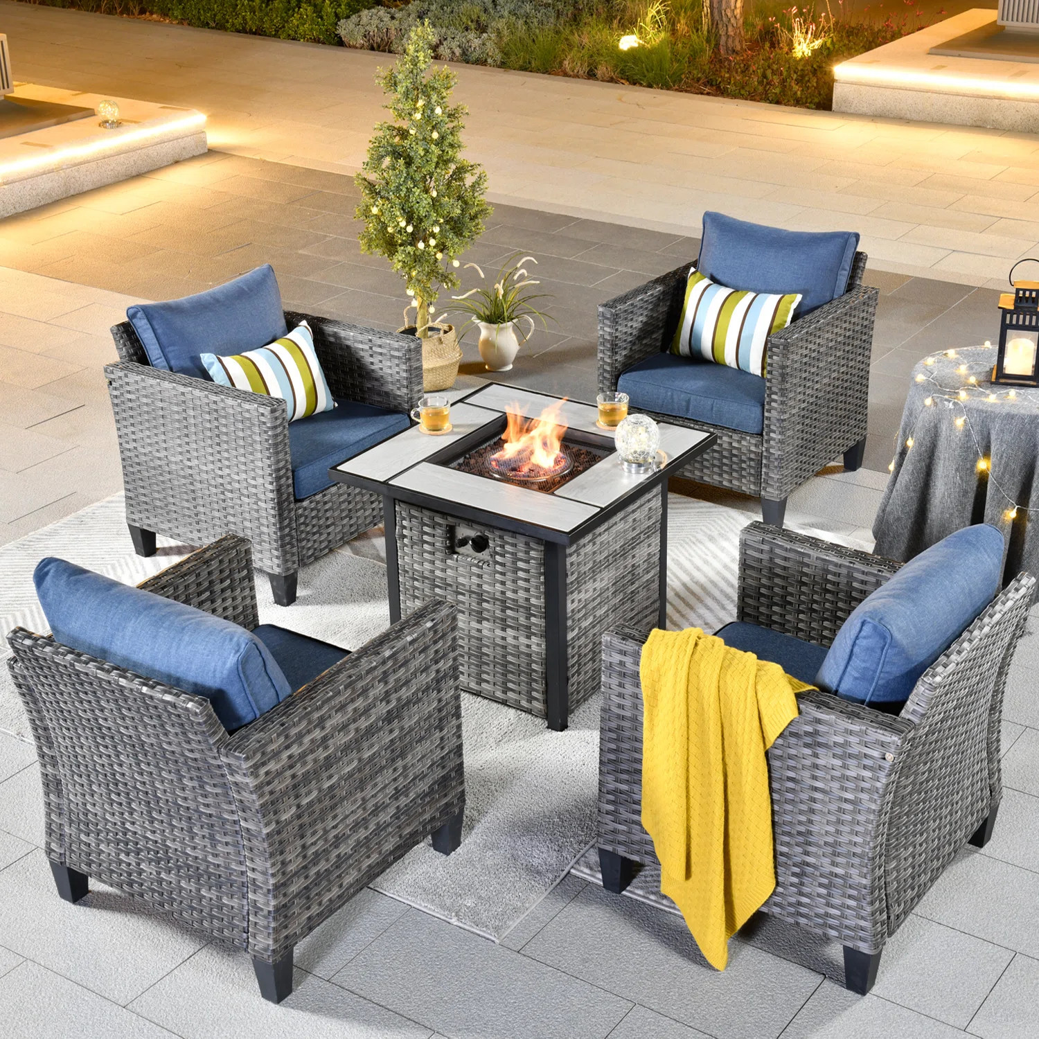 Ebern Designs Lovall Rattan Wicker 4 - Person Seating Group with Fire Pit and Cushions & Reviews ... | Wayfair North America