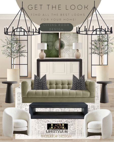 Green accented living room idea. Recreate the look at home with these furniture and decor finds! Green sofa, white accent chairs, black coffee table, black end table, white living room rug, black throw pillows, black console table, white table lamp, green wall art, black chandelier, white ceramic tree planter pot, faux fake tree.

#LTKstyletip #LTKFind #LTKhome