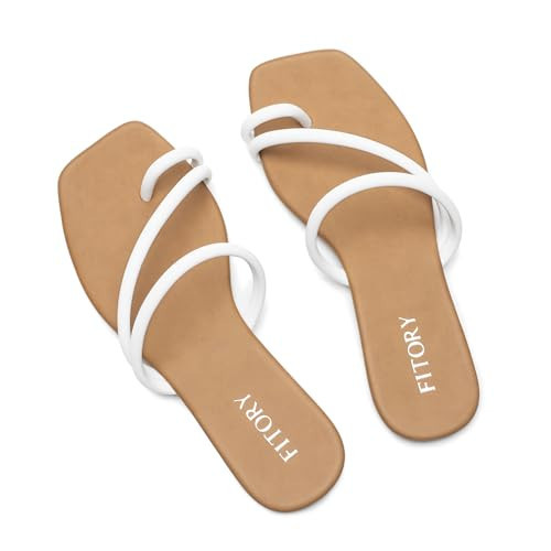 FITORY Women's Cross Strap Flat Sandals,Fashionable Toe Ring Thong,Open Toe Slide Shoes for Summer White Size 8 | Amazon (US)