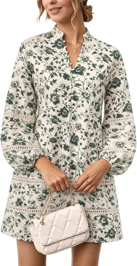 Women Floral Mini Dress Puff Long Sleeve Stand Collar Casual A Line Shift Short Dress | Amazon (US)