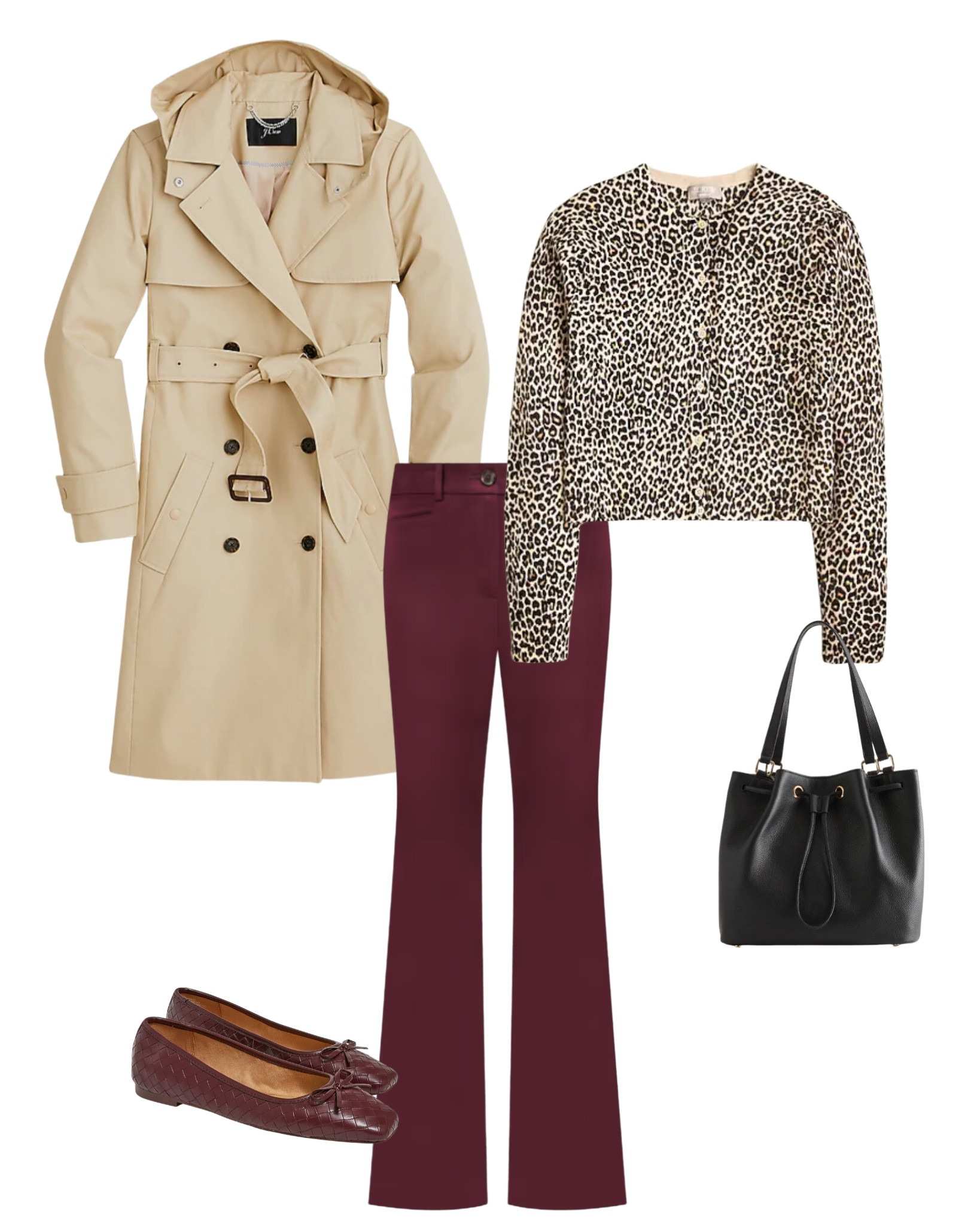 6 ways to wear a trench coat ✔️

Leopard sweater cardigan
Dark cherry pants
Woven ballet flats