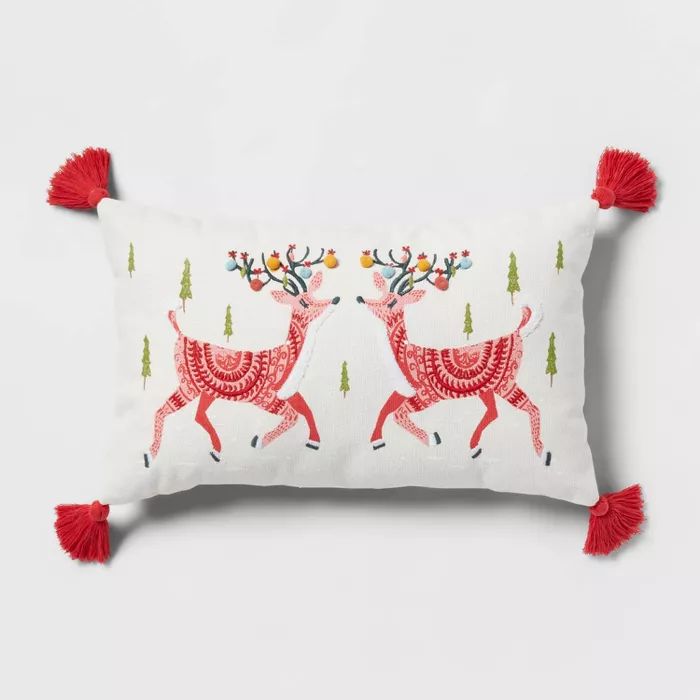 Holiday Deer Embroidered Lumbar Christmas Throw Pillow with Pom Poms Ivory - Threshold™ | Target