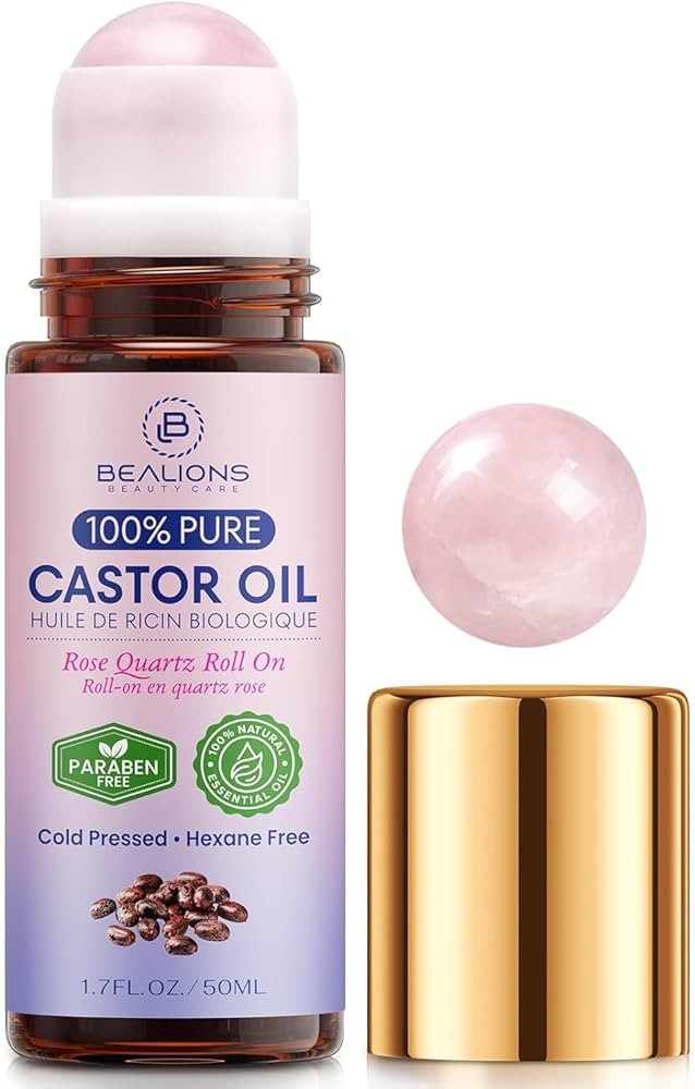 Bealions Castor Oil Roll On for Face: Castor Oil with Rose Quartz Roller for Massage - Deep Hydra... | Amazon (US)