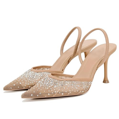 ATBELL Pearl Kitten Heels for Women Pointed Toe Mesh Rhinestone Heeled Sandals Clear PVC Stiletto Mid Heel for Wedding Party Dress Bride Pumps Shoes | Amazon (US)